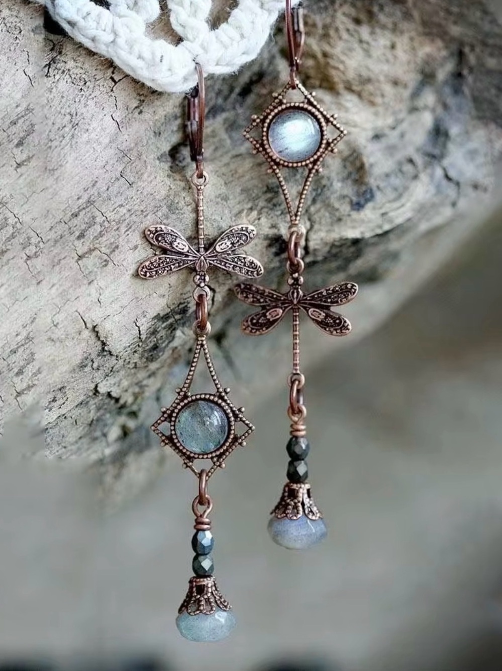 Vintage Dragonfly Blue Beaded Dangle Earrings Asymmetrical Boho Statement Jewelr